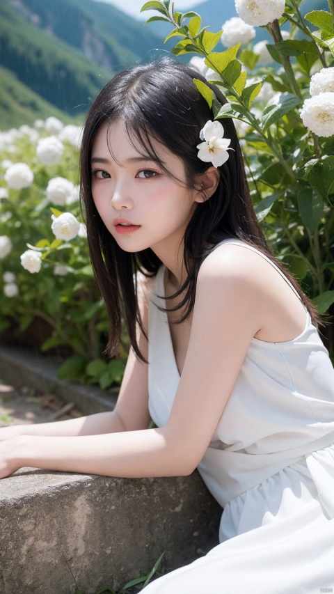 (8k, RAW photo, best quality, masterpiece:1.2), (realistic, photo-realistic:1.37),1 girl, full body photo, black hair, flowing hair, hazy beauty, extremely beautiful facial features, white embroidered dress, hairpins on her head, lying in a flower bush, hand dragging chin, perfect hand, white flower, (spring, rainy day, terraces, mountains), simple vector art, contemporary Chinese art, soft light, entangled scarf, overlook