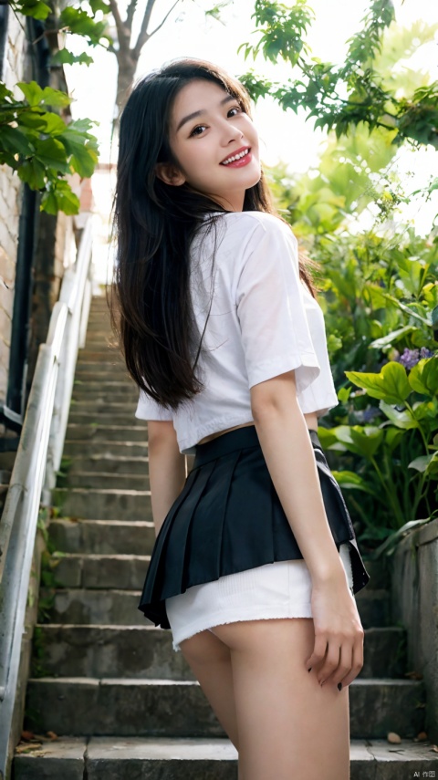 very cute and beautiful high school girl,raw photo,realistic,loafers、 smile,black hair,(mini skirt),(Highly detailed beautiful face and eyes:1.2),
smile,black hair,(mini skirt),(from below:1.2),think back,from behind,leaning forward,(cowboy shot),beautiful feet,white panties,
flower garden,stone stairs,
(highest quality,masterpiece:1.2),intricate details,High resolution,1 girl,alone,cinematic lighting,