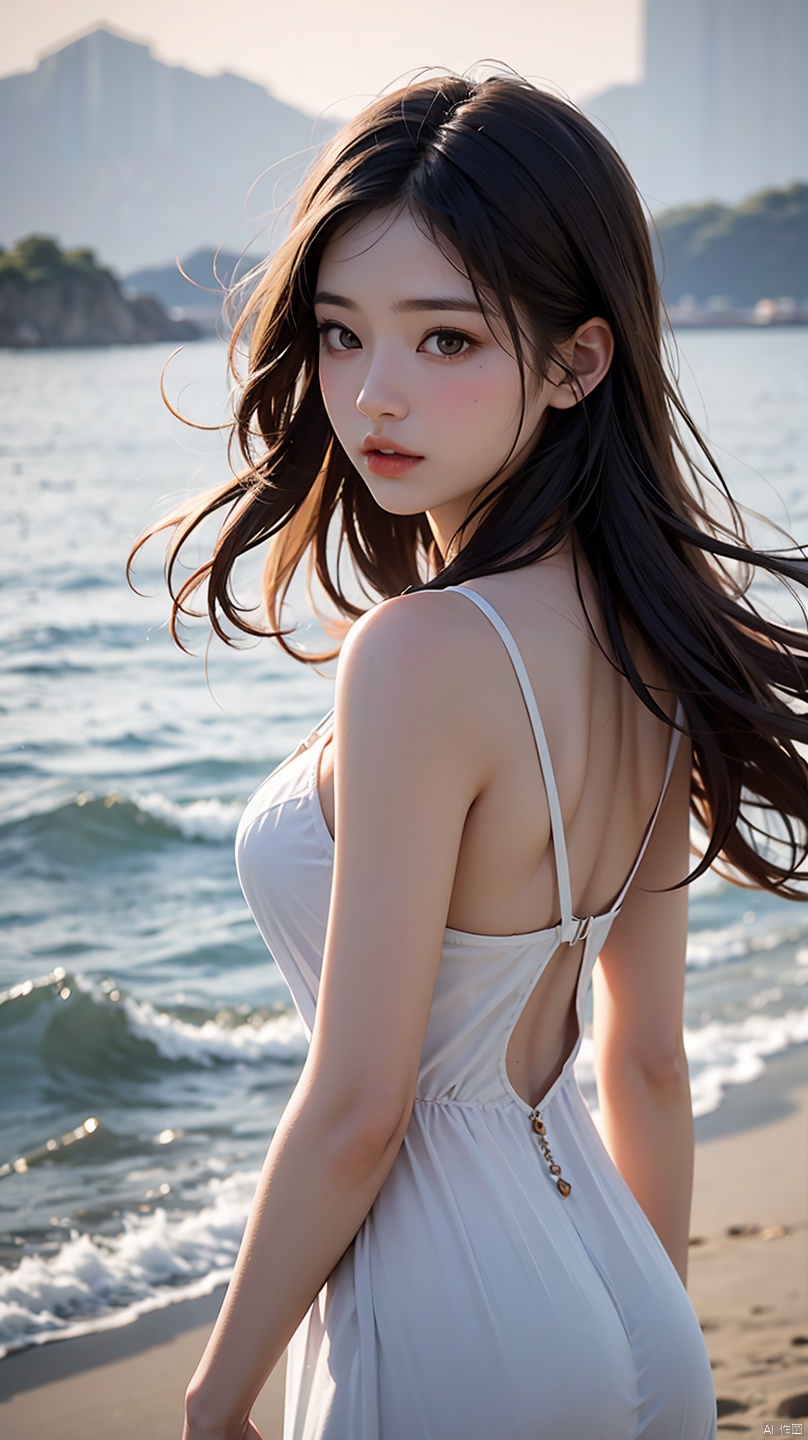 1 girl,kawaii,Detailed face,looking at the audience,focus,masterpiece,best quality, high resolution,8k,complex,elegant,Very detailed,Dynamic lightingBREAKLong hair flows elegantly in the gentle sea breeze,The fading sunlight casts warmth, The ethereal light in the scene. She wears a flowing, Light-colored dress that flutters in the wind. Waves in the background gently kiss the shore, There is a sense of tranquility in the air, The overall atmosphere should evoke a sense of serenity and beauty