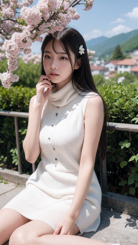 (8k, RAW photo, best quality, masterpiece:1.2), (realistic, photo-realistic:1.37),1 girl, full body photo, black hair, flowing hair, hazy beauty, extremely beautiful facial features, white embroidered dress, hairpins on her head, lying in a flower bush, hand dragging chin, perfect hand, white flower, (spring, rainy day, terraces, mountains), simple vector art, contemporary Chinese art, soft light, entangled scarf, overlook