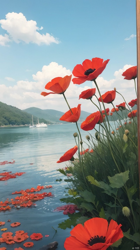 a painting of red and yellow flowers in front of a body of water, blue sky, cloudy, a pointillism painting, poppies, detailed watercolor painting, daisies and poppies, watercolors on canvas, romanticism landscape painting, by Anne Dunn, floral splash painting, painting on silk, highly detailed water colour 8k, highly detailed water colour 8 k, watercolor landscape, a watercolor painting
