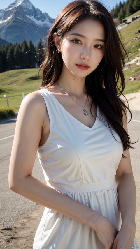 masterpiece,ultra realistic,32k,extremely detailed CG unity 8k wallpaper, best quality,
The Swiss Alps, Switzerland, ( Dark red A-line dress ) ,((spring day )), Beachy waves with a side part ,eardrop,lady ,necklace,