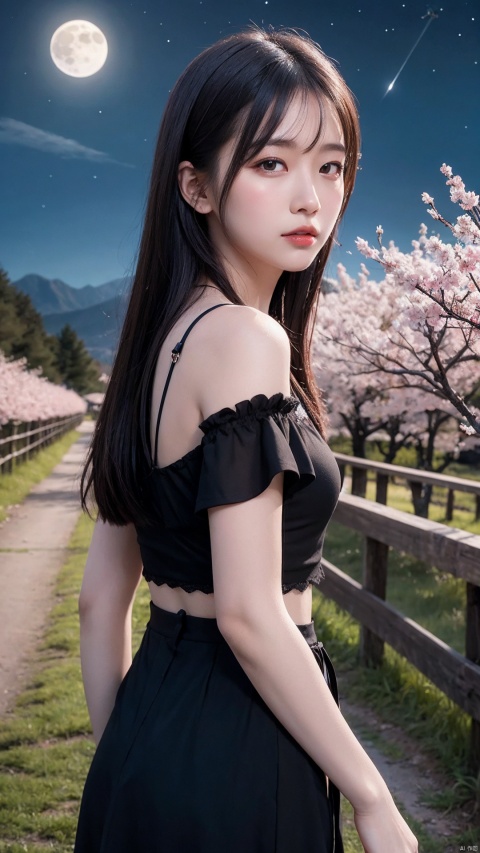 Masterpiece, Best quality, Night, Mountain, full moon, Long black hair, woman, Firefly, stars, Mysterious cherry blossom trees, Pink leaves, High quality, Beautiful graphics, High detail