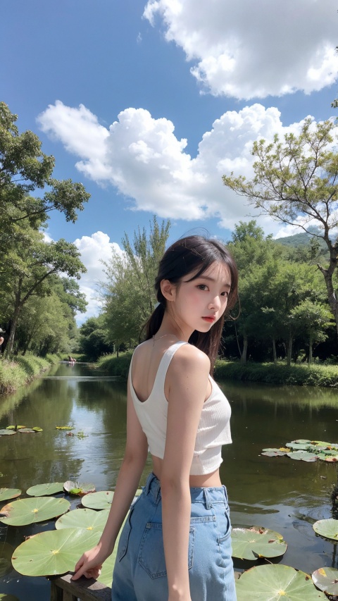 Vast landscape photo, (from below, the sky above), a girl, characters account for 0.6, summer countryside, lotus pond, lotus flowers, cool clothes, skin sweat