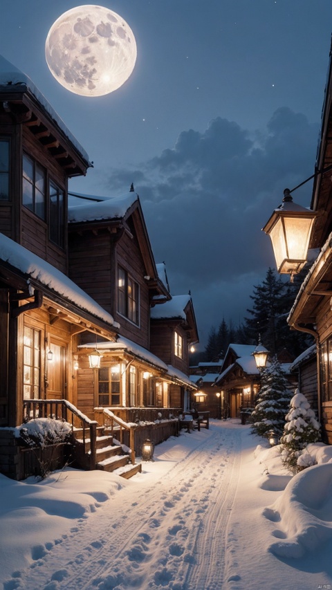 A house in the snow with a full moon in the background and a path with lanterns, Yevgeny Lushpin, a detailed matte painting, art of fantasy