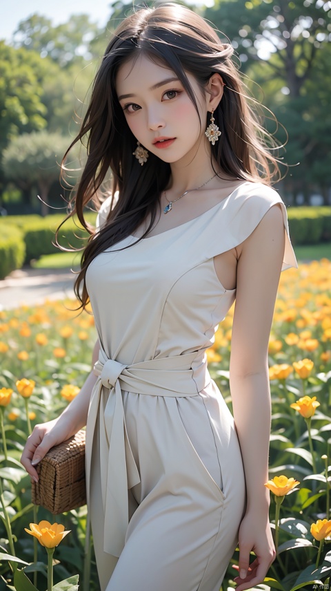 Best quality at best, tmasterpiece, 超高分辨率, above waist, realisticlying, beuaty girl, girl in a flower field, 詳細な目, Detailed pubic hair, pale-skinned, bokeh