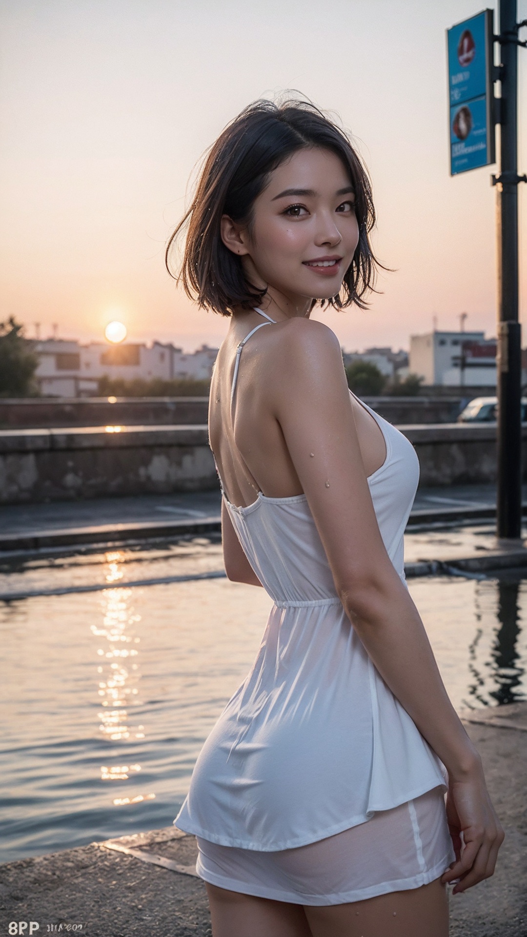 ((Top Quality, 8K, Masterpiece: 1.3)), Focus: 1.2, Perfect Body Beauty: 1.4, Ass: 1.2, ((Layered Haircut, Breasts: 1.2)), (Wet Clothes: 1.1), (Sunset, Street: 1.3), Bando Dress: 1.1, Highly Detailed Face and Skin Texture, Narrow Eyes, Double Eyelids, Whitening Skin, Long Hair, (Shut Up: 1.3), Smile