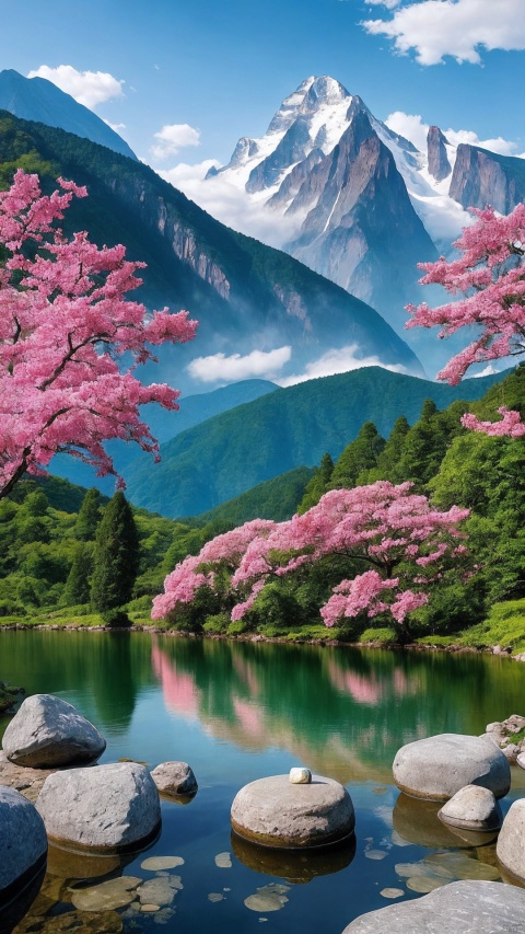 A lake with a stone in the middle, in the background is a mountain with pink flowers, Chen Chi, very beautiful scenery, a painting, cloisonne ism