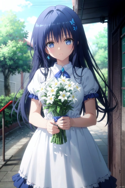 1girl,solo,long hair,looking at viewer,bangs,blue eyes,hair ornament,dress,holding,very long hair,closed mouth,standing,flower,short sleeves,outdoors,day,white dress,blurry,aqua eyes,aqua hair,depth of field,blurry background,sunlight,bug,plant,white flower,butterfly,bouquet,yellow flower,holding flower,butterfly hair ornament,holding bouquet,blue butterfly,gradient eyes,hair_flower,