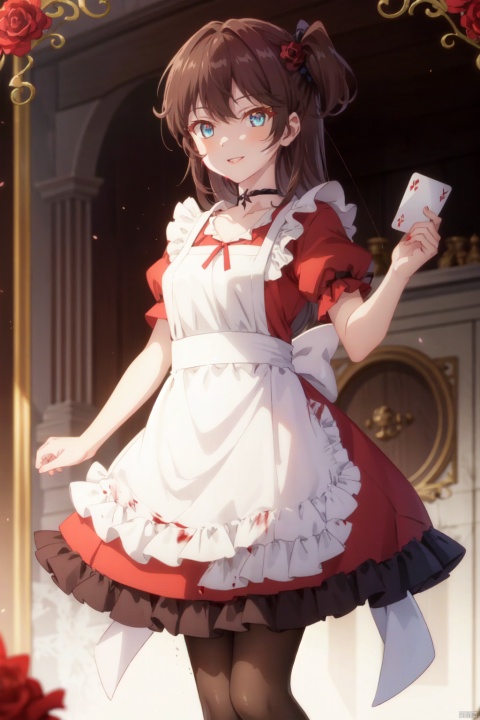 1girl, solo, long hair, dress, short sleeves, puffy sleeves, apron, puffy short sleeves, red dress, card, choker, looking at viewer, blue eyes, bangs, frills, blood, black choker, playing card, white apron, blood on clothes, frilled apron, parted lips, red flower, brown hair, bow, smile, standing, parted bangs, very long hair, blood on face, black bow, hair bow, frilled dress, pantyhose, diamond \(shape\), ribbon, orange hair, red rose