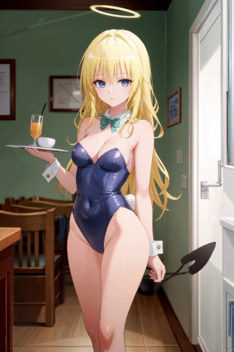 1girl, animal ears, playboy bunny, blue eyes, blonde hair, breasts, solo, rabbit ears, long hair, fake animal ears, tail, leotard, bow, wrist cuffs, bowtie, halo, blue leotard, rabbit tail, cleavage, looking at viewer, detached collar, tray, strapless, holding, strapless leotard, blue bow, bare legs, blue bowtie, covered navel, fake tail, medium breasts, bare shoulders, alternate costume, bangs, cup, thighs, headset, drinking glass, holding tray, highleg leotard