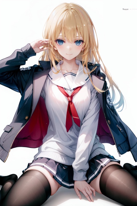 1girl, solo, thighhighs, long hair, sawamura spencer eriri, blue eyes, sitting, black thighhighs, blonde hair, skirt, school uniform, blush, hair down, zettai ryouiki, wariza, looking at viewer, alternate hairstyle, long legs, bangs, white background, page number, sweater, jacket on shoulders, simple background