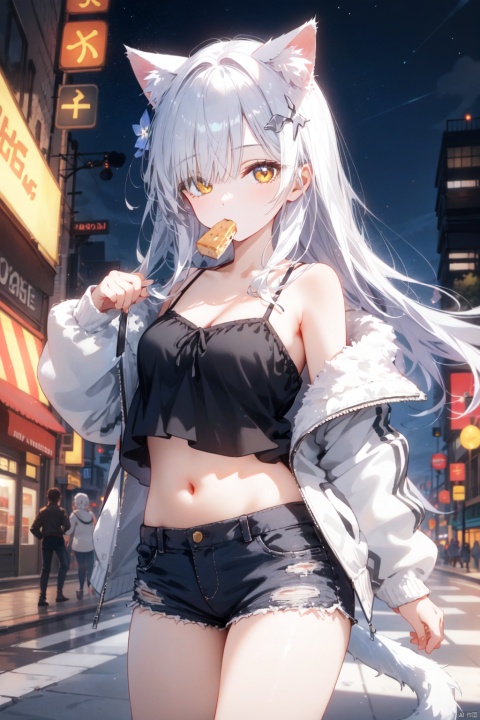 1girl, animal ears, city, shorts, slit pupils, skyscraper, cat ears, long hair, building, tail, cityscape, breasts, city lights, short shorts, solo, jacket, yellow eyes, white tail, hair over one eye, outdoors, cat girl, cat tail, hands up, navel, looking at viewer, street, black jacket, night, black shorts, white hair, open clothes, car, motor vehicle, blurry, sky, blurry background, off shoulder, road, mouth hold, bangs, stomach, midriff, floating hair, open jacket, fingernails, thighs, ground vehicle, camisole, sidelocks, animal ear fluff, armpits, long sleeves, white camisole, one eye covered, food in mouth, shiny, medium breasts, spaghetti strap, cowboy shot, small breasts, bare shoulders, night sky, shiny hair, crop top, standing, traffic light, zipper, clothes writing, linea alba, hair ornament