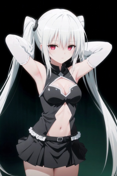 1girl, breasts, solo, long hair, red eyes, hair over one eye, navel cutout, one eye covered, looking at viewer, cone hair bun, clothing cutout, white hair, twintails, medium breasts, official alternate costume, dress, arm behind head, white background, simple background, bare shoulders, hair bun, very long hair, elbow gloves, gloves, arm up, navel, skirt, hand in own hair, cleavage, armpits, closed mouth, cowboy shot, jacket, between breasts, black skirt