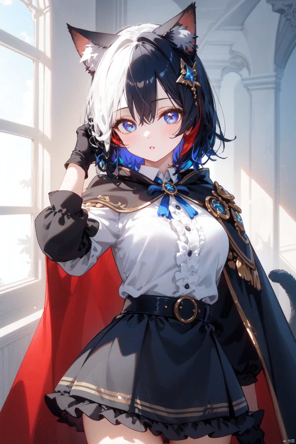 1girl, animal ears, solo, gloves, black hair, blue eyes, black gloves, looking at viewer, shirt, cat ears, multicolored hair, white shirt, blue hair, cape, short hair, animal ear fluff, long sleeves, belt, hair ornament, black cape, parted lips, bangs, breasts, frills, extra ears, medium breasts, colored inner hair, cloak, skirt, two-tone hair, center frills, hand up, red hair, black skirt, hair between eyes, upper body, blush, eyebrows visible through hair, dress shirt