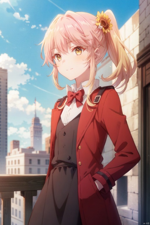 (masterpiece),(best quality),(loli：1.2),(petite:1.2),long hair,Pink hair,Yellow eyes, (red Jacket),high ponytail,white collared shirt,hair flower,fipped hair,floating hair,Frown,hands in pockets,black dress,red bowtie,(solo),sky, skyline, skyscraper, smile, solo, sunflower, tower, upper_body,white flower