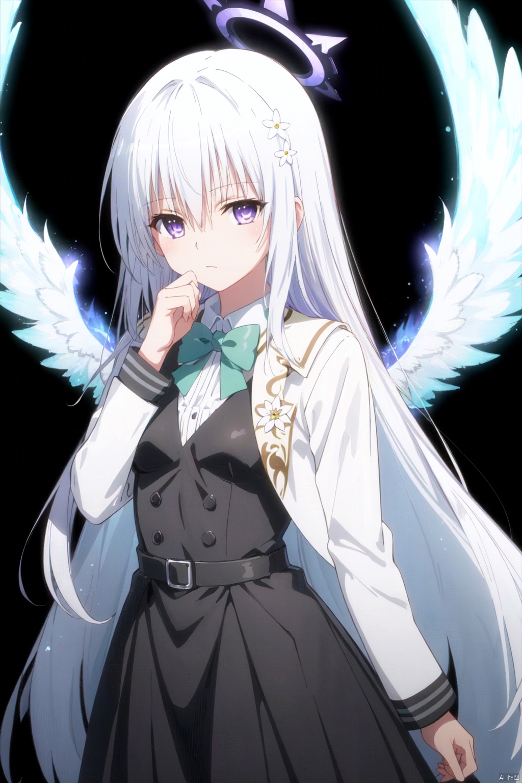  1girl, azusa \(blue archive\), flower, hair flower, hair ornament, solo, wings, halo, long hair, white background, white hair, looking at viewer, bangs, long sleeves, purple flower, simple background, hair between eyes, purple eyes, sailor collar, hand up, dress, black sailor collar, crossed bangs, white jacket, closed mouth, black dress, feathered wings, feathers, jacket, pink flower, very long hair, pocket, white wings, school uniform, low wings