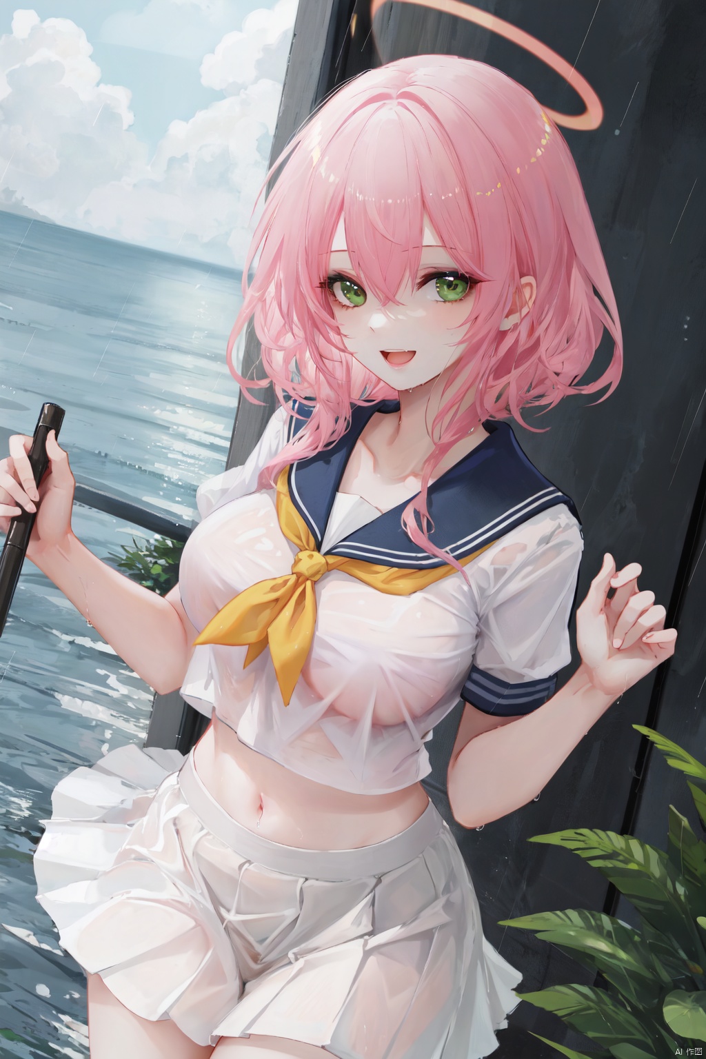 1girl, green eyes, solo, breasts, long hair, blush, halo, pink hair, looking at viewer, skirt, wet, school uniform, smile, white skirt, bangs, sailor collar, short sleeves, wet clothes, braid, shirt, open mouth, large breasts, serafuku, bow, see-through, hair between eyes, pleated skirt, ahoge, white shirt, blue sailor collar, rain, pink bow, navel, outdoors, collarbone, dutch angle