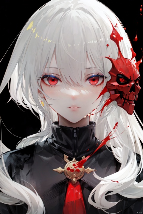 (1boy) portrait, best quality, ultra high res, ultra detailed, black and red, high contrast color tone, extremely detailed lighting, cinematic lighting, soft lights, (masterpiece, high quality:1.4), (kaneki ken, black hair, white hair, red and black eye, mask | teeth, blood eyes, black clothes, scorpio tentacles), , , blood, , black background, thrilling, (fierce face),kaneki ken