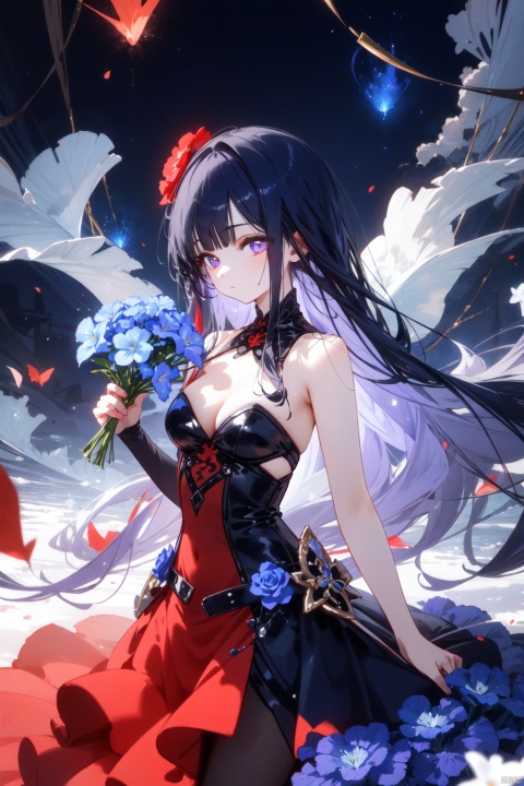 1girl, long hair, flower, Lisianthus, in the style of red and light azure, dreamy and romantic compositions, red, ethereal foliage, playful arrangements, fantasy, high contrast, ink strokes, explosions, over exposure, purple and red tone impression, abstract, whole body capture, , , 1girl, liuying, official