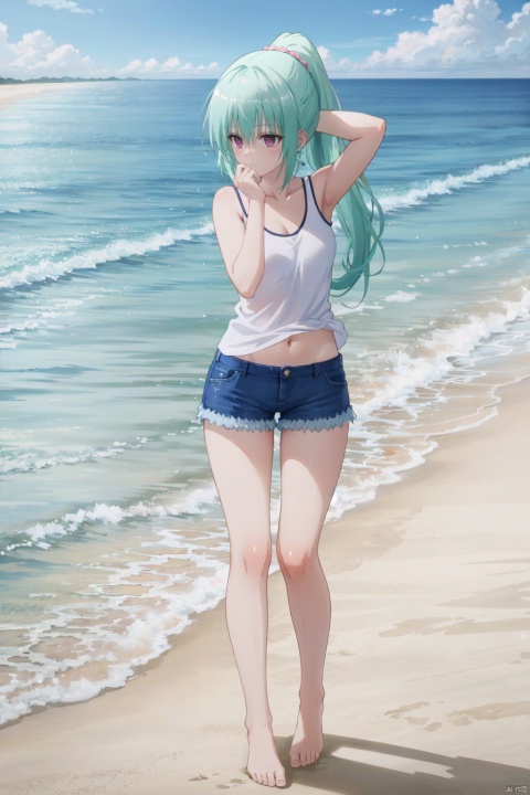 1 girl,light blue hair,ponytail,blue pupil,white tank top,white shorts,navel visible,ocean,crystal clear water,mysterious,bright,sparkling,full body,slender,barefoot,stand,adjusting hair,