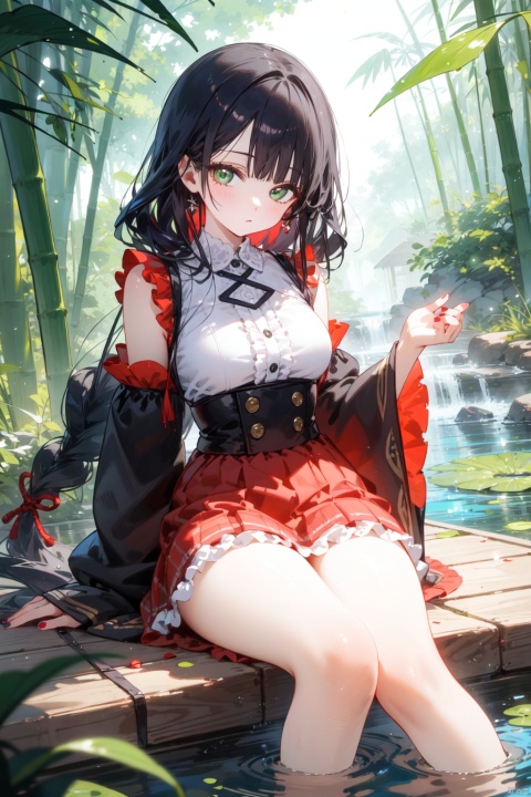 (masterpiece),(best quality),1girl, solo, green eyes, sitting, water, long hair, braid, outdoors, red skirt, feet out of frame, frills, skirt, detached sleeves, looking at viewer, nature, black hair, bangs, day, bamboo, nail polish, closed mouth, soaking feet, plant, bamboo forest, long sleeves, forest, wide sleeves, blush, breasts, leaf, lily pad, thighs, high-waist skirt, white sleeves
