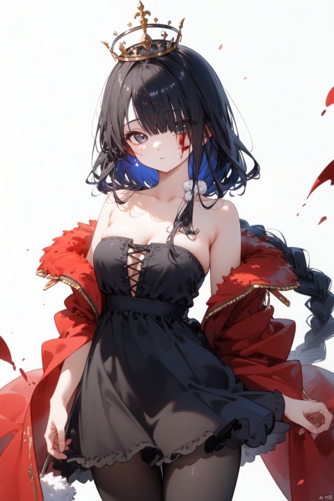 1girl, solo, long hair, pantyhose, hair over one eye, braid, dress, white background, black hair, crown, looking at viewer, simple background, breasts, blood, grey eyes, bare shoulders, collarbone, tattoo, black pantyhose, fur trim, black dress, strapless, bangs, cowboy shot, closed mouth, blood on face, strapless dress, off shoulder