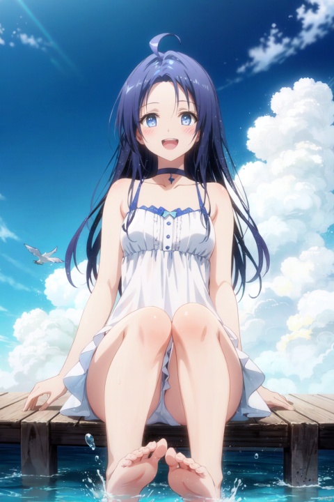1girl, solo, barefoot, blue eyes, lyria \(granblue fantasy\), long hair, smile, blue hair, looking at viewer, feet, open mouth, ahoge, water, dress, white dress, soles, sky, blush, sitting, toes, very long hair, choker, bare shoulders, :d, day, legs, outdoors, blue sky, bangs, cloud, bare legs, teeth, bird, parted bangs, forehead