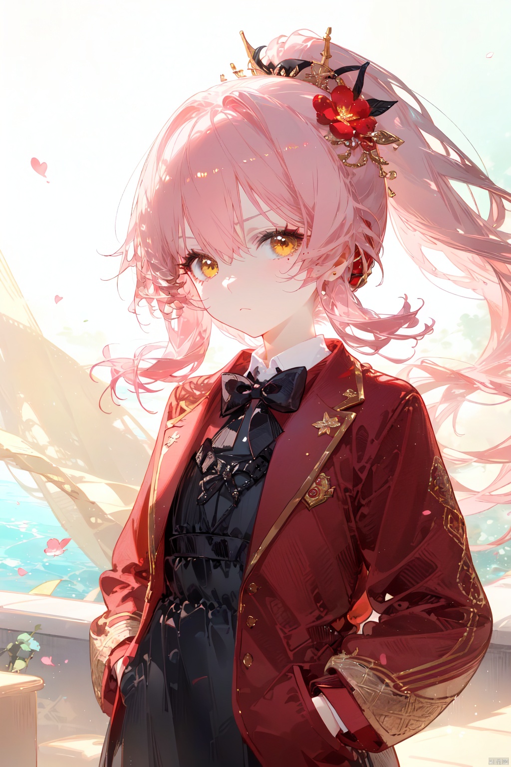 (best quality), ((masterpiece)), (highres),standing,original, extremely detailed wallpaper, (an extremely delicate and beautiful),(loli),(petite),Pink hair,Yellow eyes, (red Jacket),high ponytail,white collared shirt,hair flower,fipped hair,floating hair,Frown,hands in pockets,black dress,red bowtie,(solo