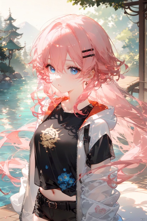 [(white background:1.4)::10], [(Lake and forest background:1.2):5]+,+++++masterpiece,loli,petite,medium breast,(panorama:1.2),caustics,best quality,beautiful detailed eyes,(pink hair),wavy hair,disheveled hair, messy hair, long bangs, hairs between eyes, extremely detailed, floating hair,(black short shorts),solo, best quality, masterpiece, highres, original, extremely detailed wallpaper,{an extremely delicate and beautiful}++++loose clothes,(black t-shirt:1.4),(white open jacket:1.2),++,hairclip+/*/*/*++(floral print:1.2)+/*/*/*+++blue eyes, {beautiful eyes},solo,