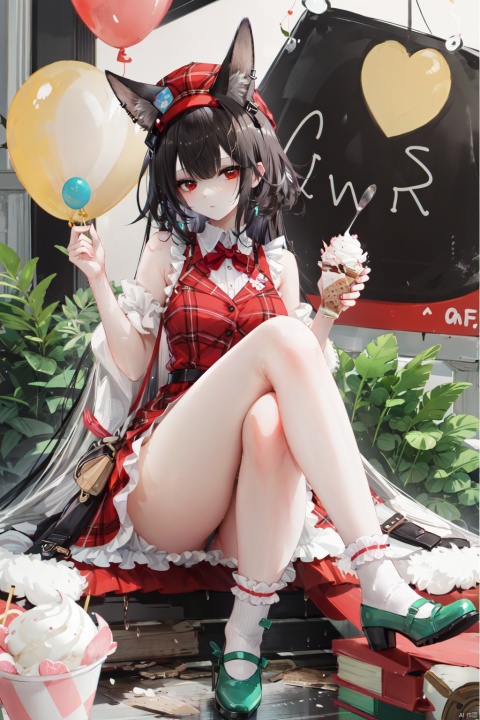 1girl, holding, plaid dress, solo, ice cream, food, animal ears, dress, long hair, rabbit ears, spoon, plaid, diagonal stripes, hat, holding food, red eyes, holding spoon, animal ear fluff, sleeveless dress, bangs, brown headwear, very long hair, balloon, shoes, white socks, sleeveless, striped, bare shoulders, heart, socks, looking at viewer, sitting, bow, ice cream cone, green footwear, frills, brown hair, grey hair, high heels, cup, full body, frilled dress, blush, bare arms, ears through headwear