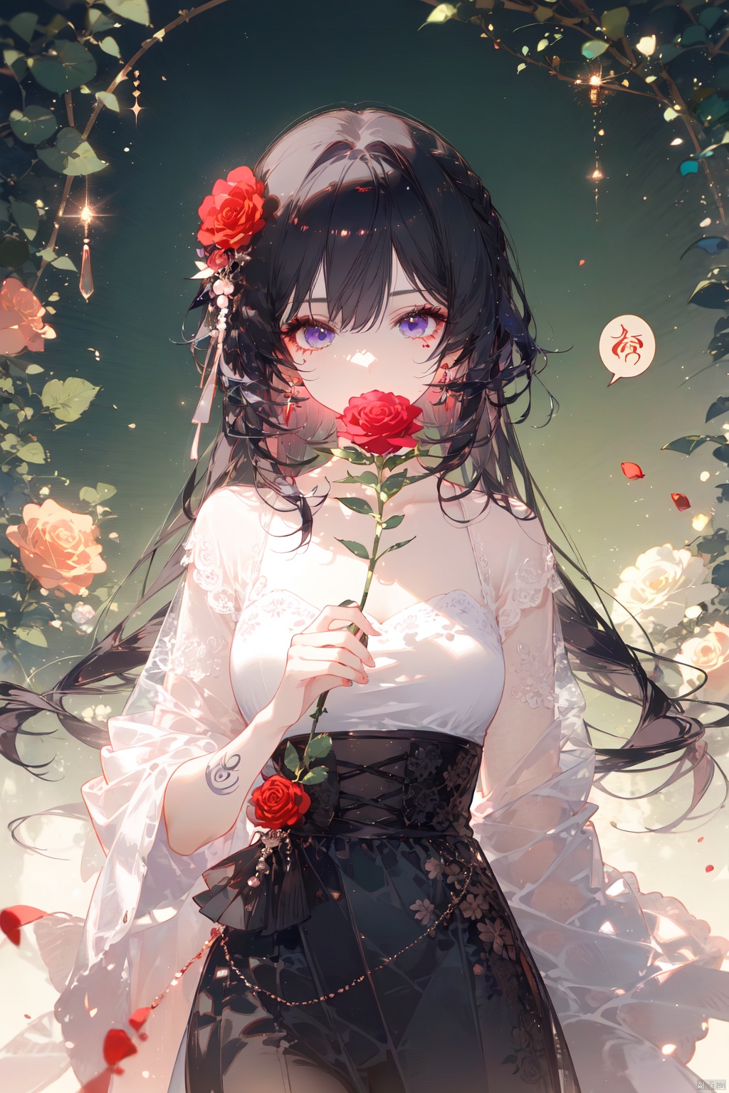 1girl, black_flower, black_hair, black_rose, blue_rose, bouquet, condom, condom_in_mouth, condom_wrapper, confession, floral_background, flower, flower_ornament, green_flower, holding_bouquet, holding_flower, leaf, long_hair, orange_flower, pink_flower, pink_rose, plant, pubic_tattoo, purple_flower, purple_rose, red_flower, red_rose, rose, rose_petals, rose_print, solo, spoken_squiggle, squiggle, tattoo, thorns, tulip, vase, vines, white_flower, white_rose, yellow_rose