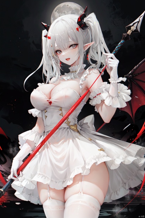 1girl, breasts, duel monster, horns, thighhighs, wings, holding, holding weapon, weapon, pointy ears, cleavage, solo, polearm, moon, large breasts, full moon, white hair, white horns, dress, holding polearm, white thighhighs, demon horns, grey eyes, smile, demon wings, blood, white dress, open mouth, twintails, looking at viewer, gloves, blood on face, demon girl, low wings, ascot