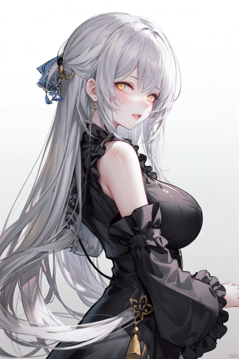 1girl, breasts, long hair, solo, breast curtains, blush, yellow eyes, looking at viewer, detached sleeves, smile, bare shoulders, from side, large breasts, dress, grey hair, dark persona, black dress, open mouth, huge breasts, black sleeves, red background, upper body