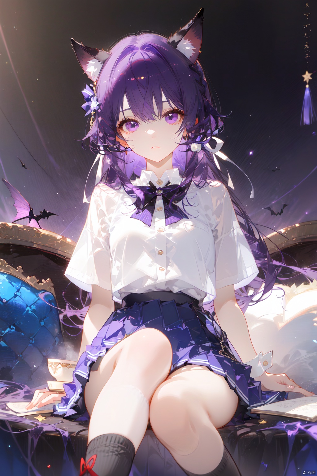 1girl, bat (animal), solo, long hair, skirt, purple hair, cup, white skirt, ribbon, socks, shirt, holding, kneehighs, short sleeves, hair ribbon, purple background, holding cup, black socks, bangs, teacup, miniskirt, wrist cuffs, pleated skirt, purple eyes