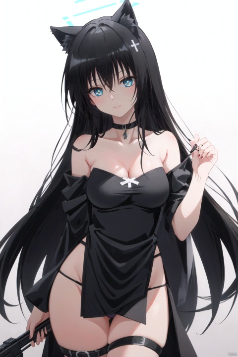 1girl, solo, breasts, underwear, long hair, panties, animal ears, shiroko \(blue archive\), cross hair ornament, black choker, choker, dress, halo, animal ear fluff, black dress, black panties, cleavage, looking at viewer, hair ornament, large breasts, thigh strap, strapless, bright pupils, extra ears, white background, mismatched pupils, strapless dress, rifle, bare shoulders, gun, aqua eyes, simple background, weapon, collarbone, very long hair, parted lips, assault rifle, white pupils, cowboy shot, wolf ears, alternate costume, white hair, hair between eyes, bangs, thighs, cat ears