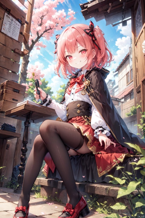 (best quality,4k,8k,highres,masterpiece:1.2),ultra-detailed,HDR,cinematic lighting,1girl,bird,bird on hand,blush,bow,cape,cherry blossoms,closed mouth,full body,hair bow,long sleeves,looking at viewer,red cape,red eyes,red hair,red skirt,short hair,sitting on branch,skirt,tree,
evil grin