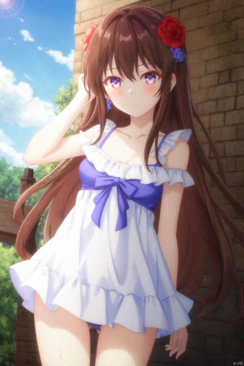 1girl, blue flower, solo, long hair, flower, hydrangea, hair ornament, outdoors, collarbone, day, hair flower, sky, looking at viewer, ribbon, hair between eyes, red flower, very long hair, blush, standing, rose, purple flower, hair ribbon, bangs, pink flower, frills, cloud, blue rose, legs apart, black hair, ass visible through thighs, shiny hair, low-tied long hair, blue sky, short dress, dress, cloudy sky, breasts, cross-laced clothes, contrapposto, tree, shiny, white ribbon, small breasts, blue ribbon, floating hair, brown eyes, bare shoulders, bare arms, sunlight, one-piece swimsuit, closed mouth, brown hair, cowboy shot, swimsuit, bush, bow, frilled dress, hair bow, purple eyes