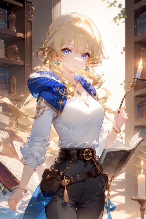 book, 1girl, blonde hair, magic, hood, belt, indoors, pouch, bookshelf, staff, holding, open book, library, jewelry, blue eyes, pants, bracelet, belt pouch, long hair, solo, fantasy, breasts, scroll, glowing, potion, candle, medium breasts, sunset