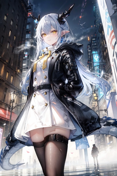 (best quality), (masterpiece),(highres), original, extremely detailed 8K wallpaper, (an extremely delicate and beautiful),colorful,intricate detail,artbook,1girl,solo,(super fuck cool),intricate detail,clear sky,cityspace,from below,steaming body, 

loli,arms behind back,light smile,

silver long hair,dragon horns,yellow eyes,slit pupils,poionty ears,tactical parka,black stocking,black gloves,

