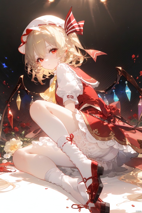1girl, ascot, blonde_hair, bloomers, bobby_socks, crystal, flandre_scarlet, frills, full_body, hat, hat_ribbon, laevatein_\(touhou\), looking_at_viewer, mob_cap, one_side_up, puffy_short_sleeves, puffy_sleeves, red_eyes, red_footwear, red_skirt, red_vest, ribbon, shoes, short_sleeves, skirt, socks, solo, transparent_background, underwear, upskirt, vest, white_bloomers, white_headwear, white_legwear, wings, yellow_ascot