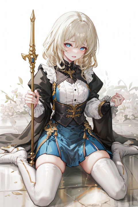 pee, 1girl, peeing, peeing self, blonde hair, staff, scared, blue eyes, long hair, thighhighs, boots, wariza, thigh boots, holding staff, tears, white footwear, sitting, solo, holding, dress, long sleeves, frills, looking at viewer, on ground, imminent rape, crying, skirt, hair between eyes, teeth, blush