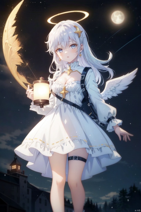  1girl, 1boy, angel wings, ultimate madoka, solo, best quality, detailed, black background, simple background, starry background, male focus, feet out of frame, looking at viewer, standing, holding lantern, tanabata, tanzaku, parted lips, grey eyes, white eyes, hair over one eye, white hair, long hair, braid, hair ornament, bangs, cleavage, thigh strap, shorts, white jacket, space helmet, puffy long sleeves, halo, white wings, earrings, feathered wings, sarashi, white flower, shooting star, star \(sky\), night sky, galaxy, starry sky print, milky way, constellation, aurora, earth \(planet\), light particles, astronaut, crescent moon, telescope, city lights, star \(symbol\), snowing, spacesuit, aerial fireworks, full moon, moonlight