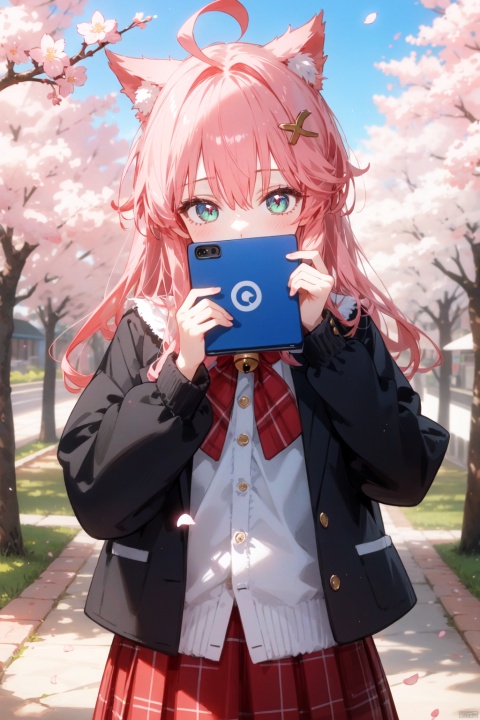 best quality, amazing quality, very aesthetic, absurdres,sakura_miko, 1girl, virtual_youtuber, solo, cherry_blossoms, green_eyes, skirt, blush, pink_hair, hair_ornament, long_hair, covering_mouth, jacket, looking_at_viewer, ahoge, tree, holding_hair, outdoors, plaid_skirt, hair_bell, holding, school_uniform, red_skirt, bell, plaid, long_sleeves, petals, pleated_skirt, shirt, x_hair_ornament, black_jacket, ribbon, white_shirt, bangs, day, hair_between_eyes