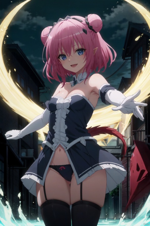 1girl, solo, horns, pink hair, elizabeth bathory \(fate\), breasts, blue eyes, pointy ears, open mouth, thighhighs, small breasts, dress, gloves, tiara, blue dress, panties, smile, bangs, white thighhighs, bare shoulders, underwear, hair between eyes, night, hair bun, cleavage, elbow gloves, tail, :d, dragon horns, white gloves, strapless, blue panties, ribbon, sidelocks, single hair bun, outstretched arm, strapless dress, blush, dragon girl, night sky