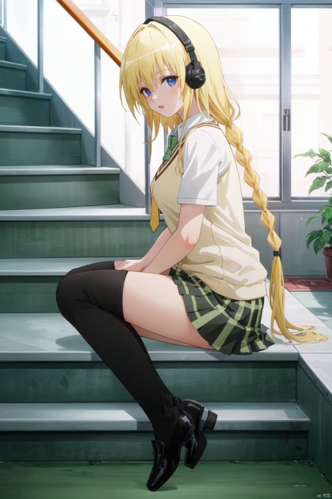 1girl, blonde hair, shoes, long hair, skirt, solo, headphones, blue eyes, barefoot, official alternate costume, hair ornament, thighhighs, cardigan, sitting, stairs, toes, hairclip, dated, black footwear, stone lantern, white shirt, black thighhighs, feet, blue skirt, single thighhigh, loafers, braid, shirt, pleated skirt, open mouth, looking at viewer, yellow cardigan, plant, red necktie, stone stairs, school uniform, necktie, single shoe, miniskirt, full body, from side, collared shirt, very long hair, black skirt