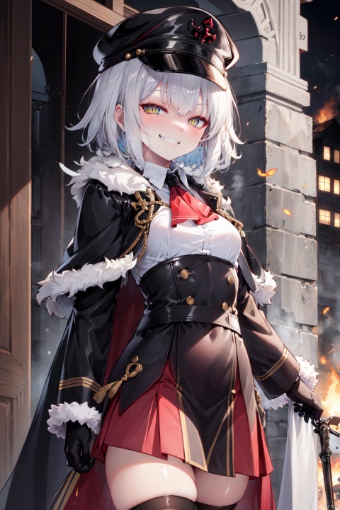closed eyes,jeanne d'arc alter \(fate\), 1girl, jeanne d'arc alter \(avenger\) \(fate\), thighhighs, hat, solo, peaked cap, yellow eyes, smile, looking at viewer, skirt, military uniform, gloves, bangs, military, black thighhighs, pale skin, fur trim, white gloves, short hair, uniform, cape, fire, jacket, ascot, grin, military hat, zettai ryouiki, fur collar, fur-trimmed cape, long sleeves, signature, breasts, black skirt, white hair, black headwear, black cape, belt, thighs, black jacket, holding, military jacket, hair between eyes, parted lips