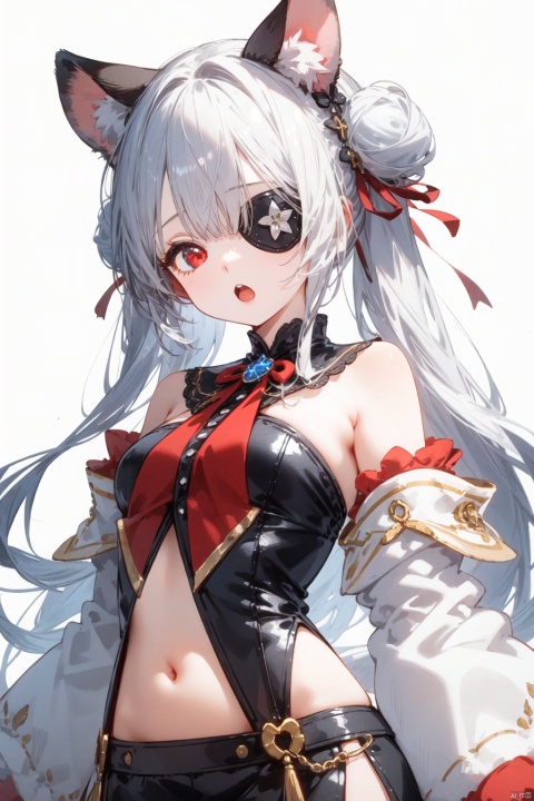 1girl, solo, long hair, red eyes, open mouth, eyepatch, mole, simple background, white background, navel, double bun, grey hair, hair bun, sleeves past wrists, very long hair, sleeves past fingers, detached sleeves, bare shoulders, mole under mouth, looking at viewer, bangs, animal ears, teeth, ribbon, upper teeth only, long sleeves, mouse ears