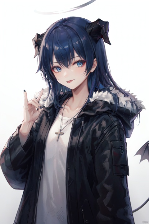1girl, mostima \(arknights\), solo, horns, halo, long hair, blue hair, fur trim, blue eyes, shirt, cross necklace, white shirt, necklace, jewelry, long sleeves, open clothes, open coat, coat, fur-trimmed coat, upper body, blue tongue, black coat, cross, blue nails, simple background, grey background, bangs, collarbone, nail polish, gradient background, gradient, black jacket, looking at viewer, tongue, jacket, colored tongue, smile, hood, tongue out, demon horns,fox shadow puppet