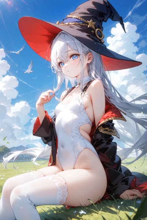 1girl, solo, white leotard, white hair, outdoors, hat, leotard, thighhighs, witch hat, long hair, cloud, sitting, breasts, white thighhighs, sky, small breasts, white headwear, highleg leotard, blue eyes, highleg, bare shoulders, grass, cloudy sky, signature, hair between eyes, bird, bangs, day, looking up, white theme, looking afar